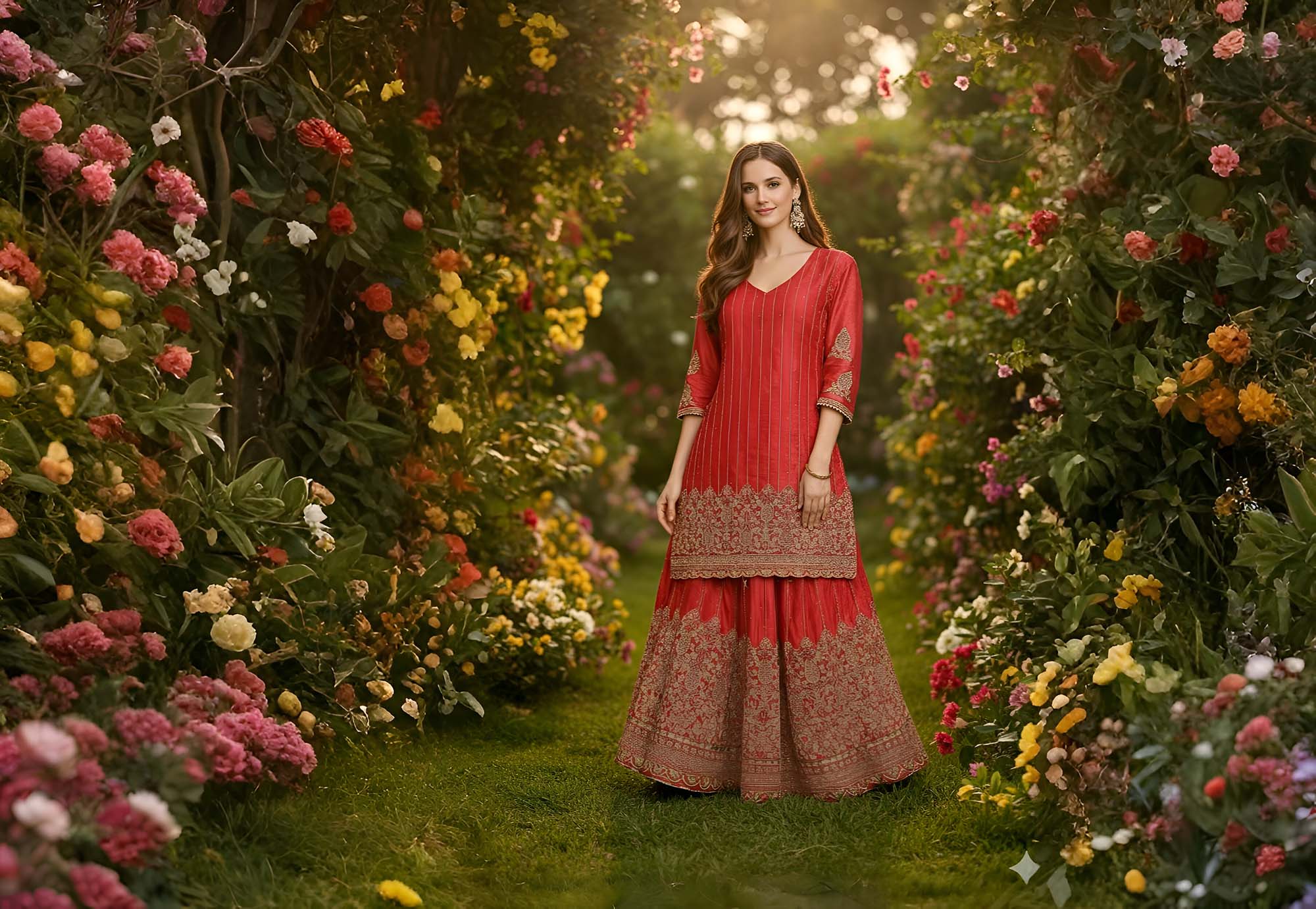 Woman in a red and brown traditional outfit standing amidst a floral garden.