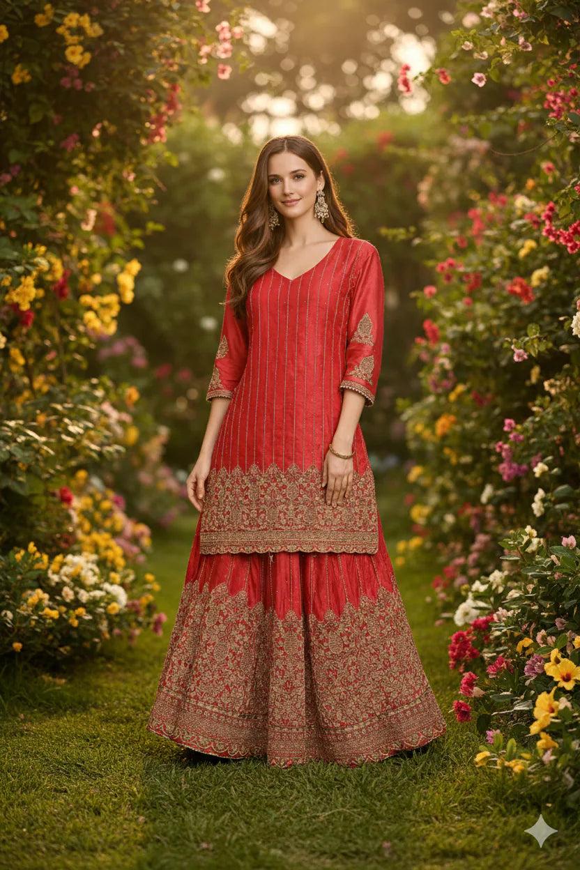 Woman in a red traditional outfit standing in a garden with flowers