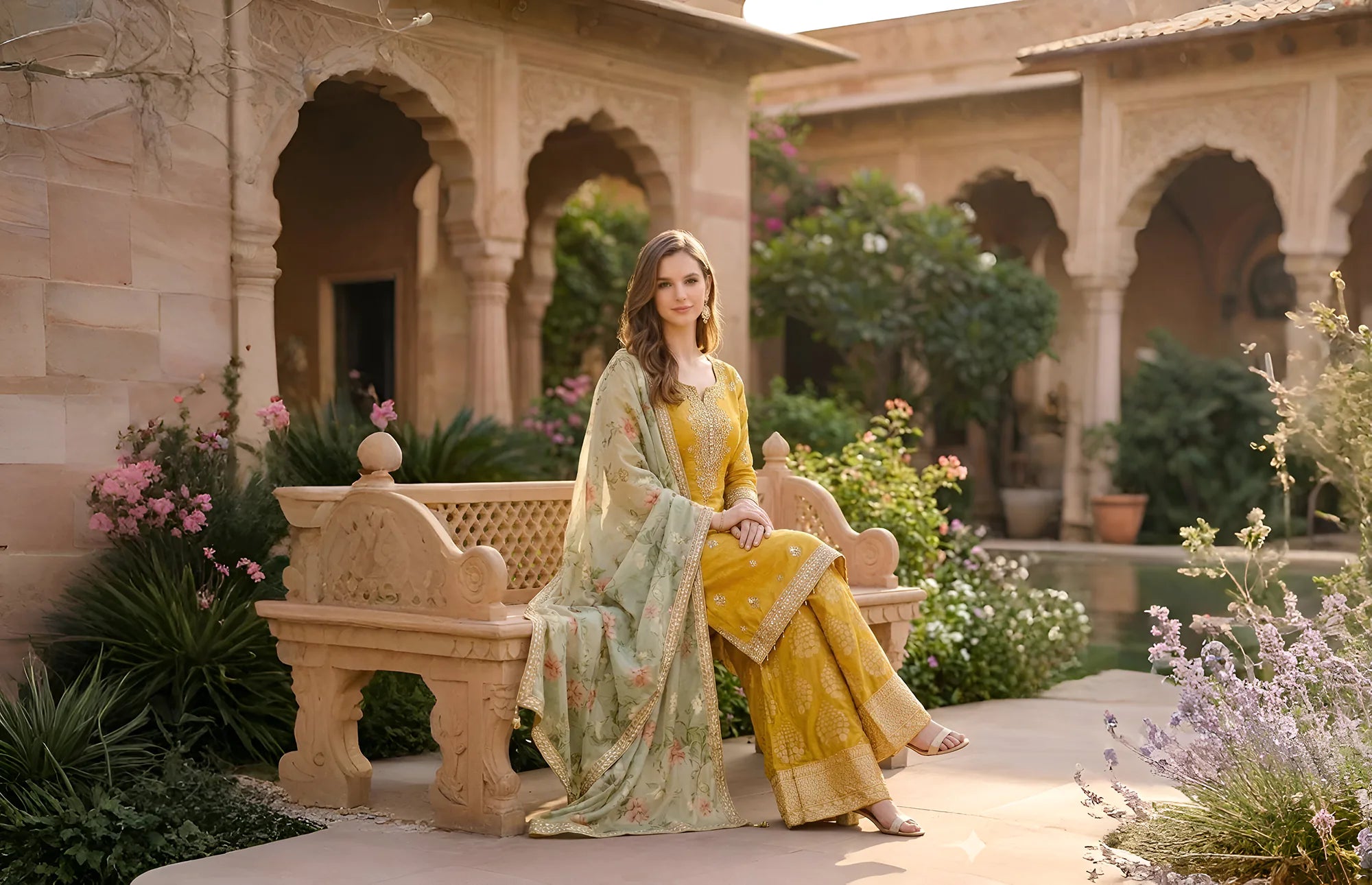 Woman in traditional yellow and green outfit sitting on a stone bench in a garden setting.