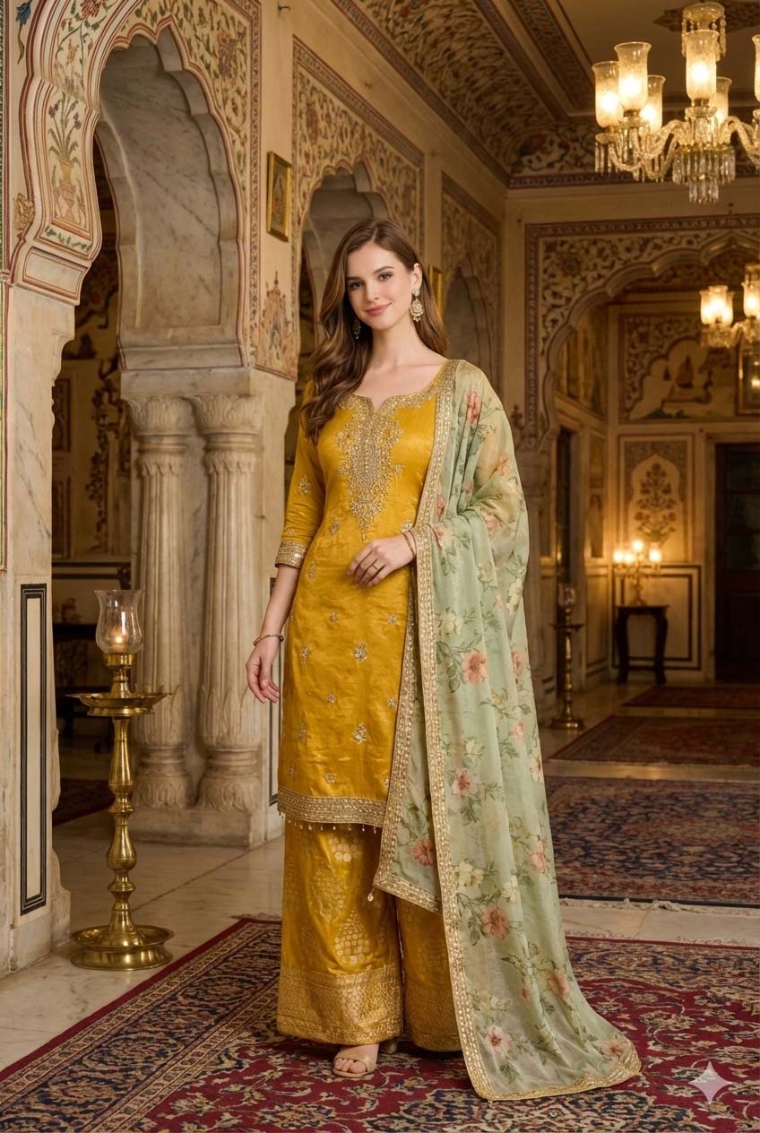 Woman in a yellow traditional outfit with a green dupatta in an ornate room.
