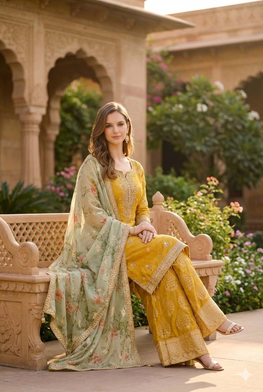 Woman in traditional yellow and green outfit sitting on a bench in a garden setting
